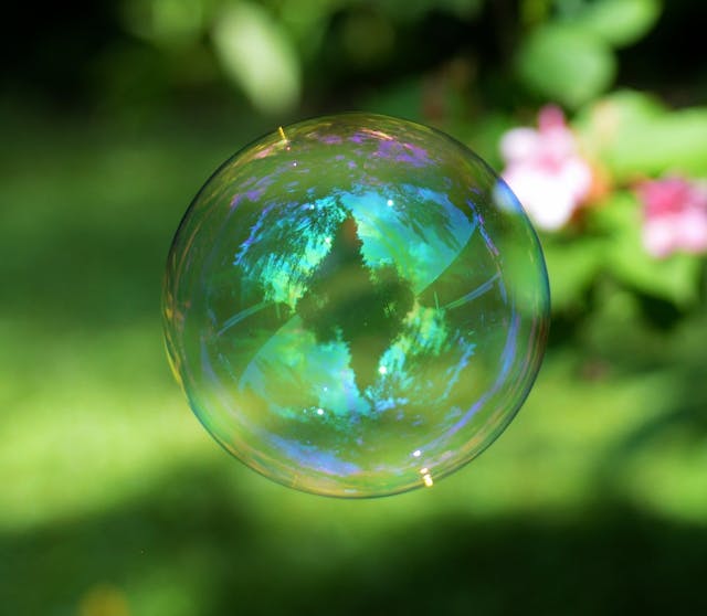 Vibrant soap bubble reflecting nature with green and floral hues.